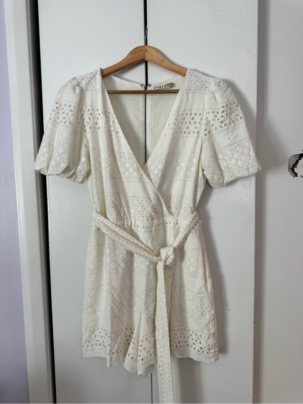 Alice + Olivia Cream Eyelet Wrap Mini Romper